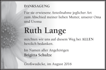 Traueranzeige von Ruth Lange von Märkische Oderzeitung