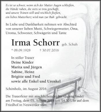 Traueranzeige von Irma Schorr von Märkische Oderzeitung