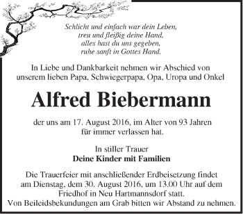 Traueranzeige von Alfred Biebermann von Märkische Oderzeitung