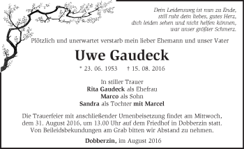 Traueranzeige von Uwe Gaudeck von Märkische Oderzeitung