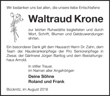 Traueranzeige von Waltraud Krone von Märkische Oderzeitung