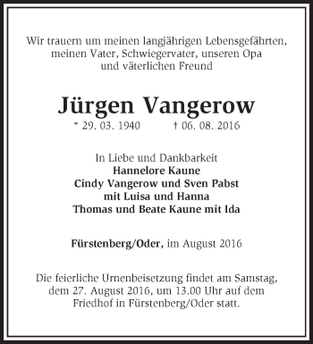 Traueranzeige von Jürgen Vangerow von Märkische Oderzeitung