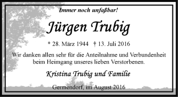 Traueranzeige von Jürgen Trubig von Märkische Oderzeitung