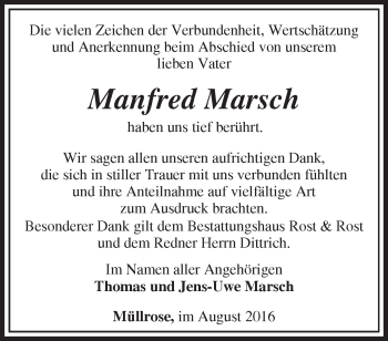 Traueranzeige von Manfred Marsch von Märkische Oderzeitung