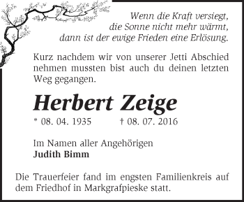 Traueranzeige von Herbert Zeige von Märkische Oderzeitung