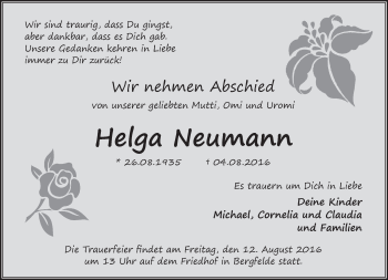 Traueranzeige von Helga Neumann von Märkische Oderzeitung