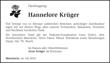 Traueranzeige von Hannelore Krüger von Märkische Oderzeitung