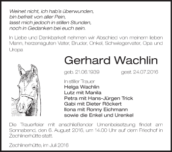 Traueranzeige von Gerhard Wachlin von Märkische Oderzeitung