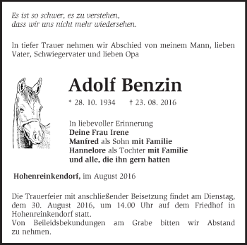 Traueranzeige von Adolf Benzin von Märkische Oderzeitung