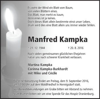 Traueranzeige von Manfred Kampka von Märkische Oderzeitung