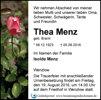 Traueranzeige von Thea Menz von Märkische Oderzeitung