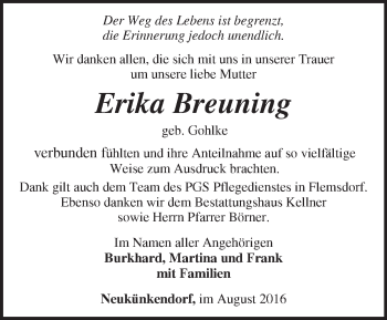 Traueranzeige von Erika Breuning von Märkische Oderzeitung