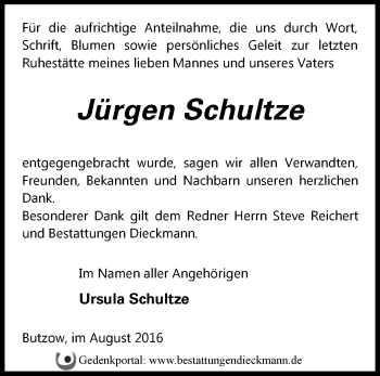 Traueranzeige von Jürgen Schultze von Märkische Oderzeitung