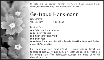 Traueranzeige von Gertraud Hansmann von Märkische Oderzeitung