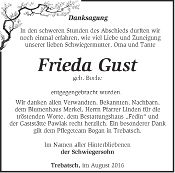 Traueranzeige von Frieda Gust von Märkische Oderzeitung