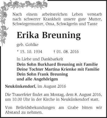 Traueranzeige von Erika Breuning von Märkische Oderzeitung