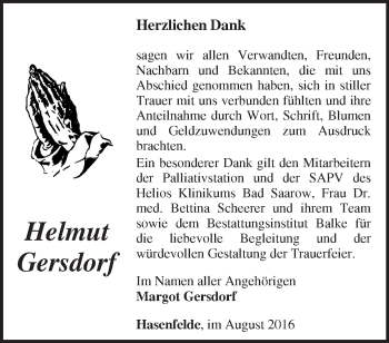 Traueranzeige von Helmut Gersdorf von Märkische Oderzeitung