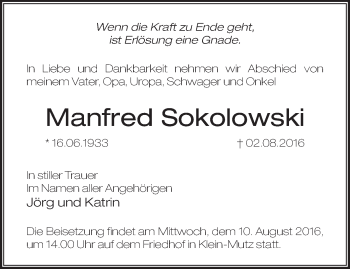 Traueranzeige von Manfred Sokolowski von Märkische Oderzeitung