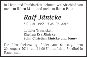 Traueranzeige von Ralf Jänicke von Märkische Oderzeitung