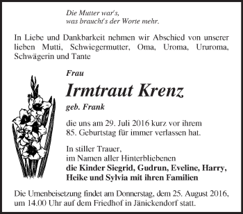 Traueranzeige von Irmtraut Krenz von Märkische Oderzeitung