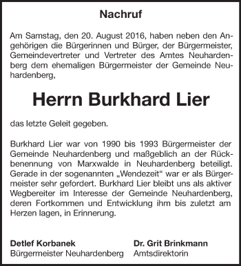 Traueranzeige von Burkhard Lier von Märkische Oderzeitung