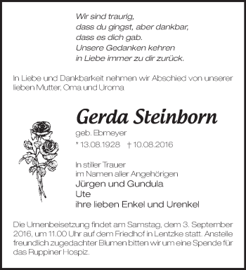 Traueranzeige von Gerda Steinborn von Märkische Oderzeitung