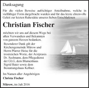 Traueranzeige von Christian Fischer von Märkische Oderzeitung