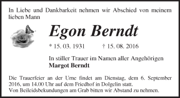 Traueranzeige von Egon Berndt von Märkische Oderzeitung