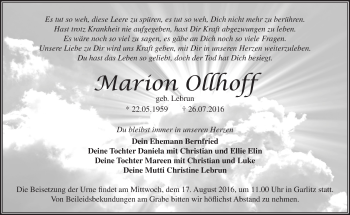 Traueranzeige von Marion Ollhoff von Märkische Oderzeitung