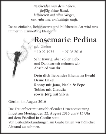 Traueranzeige von Rosemarie Pedina von Märkische Oderzeitung