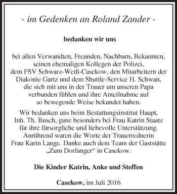 Traueranzeige von Roland Zander von Märkische Oderzeitung