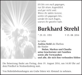 Traueranzeige von Burkhard Strehl von Märkische Oderzeitung