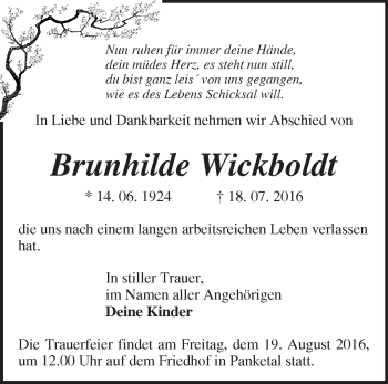 Traueranzeige von Brunhilde Wickboldt von Märkische Oderzeitung