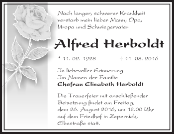 Traueranzeige von Alfred Herboldt von Märkische Oderzeitung