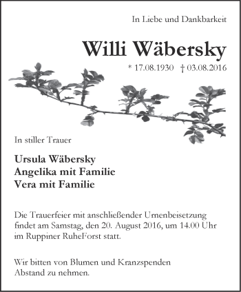 Traueranzeige von Willi Wäbersky von Märkische Oderzeitung