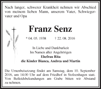 Traueranzeige von Franz Senz von Märkische Oderzeitung