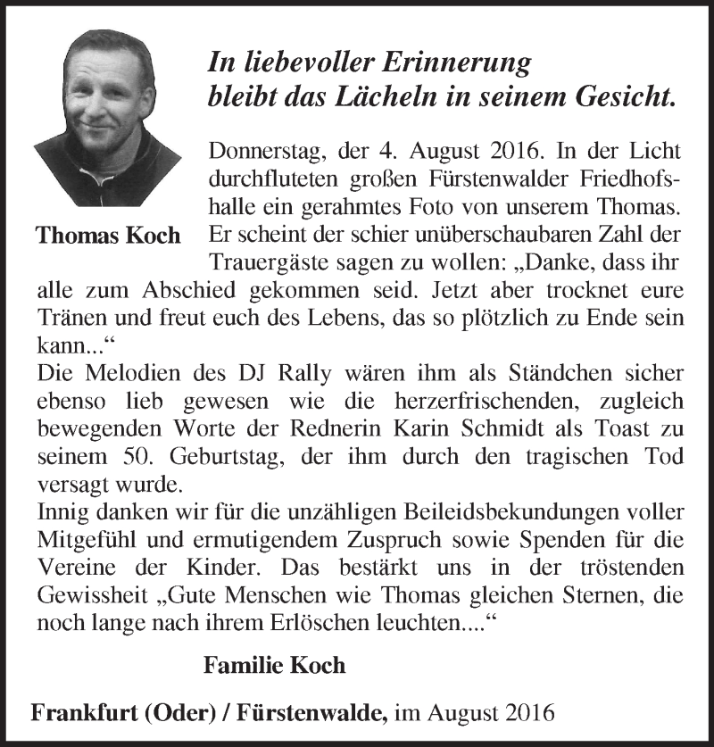  Traueranzeige für Thomas Koch vom 10.08.2016 aus Märkische Oderzeitung
