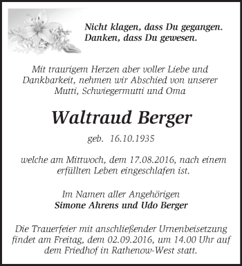 Traueranzeige von Waltraud Berger von Märkische Oderzeitung