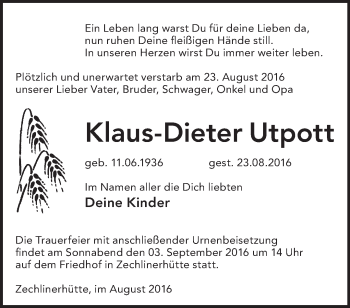 Traueranzeige von Klaus-Dieter Utpott von Märkische Oderzeitung