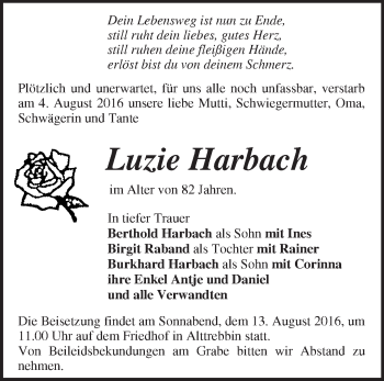 Traueranzeige von Luzie Harbach von Märkische Oderzeitung