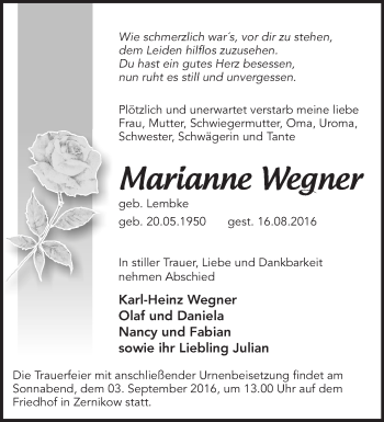 Traueranzeige von Marianne Wegner von Märkische Oderzeitung