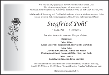 Traueranzeige von Siegfried Pohl von Märkische Oderzeitung