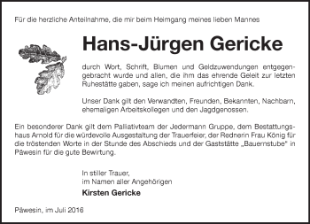 Traueranzeige von Hans-Jürgen Gericke von Märkische Oderzeitung