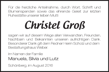 Traueranzeige von Christel Groß von Märkische Oderzeitung