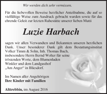 Traueranzeige von Luzie Harbach von Märkische Oderzeitung