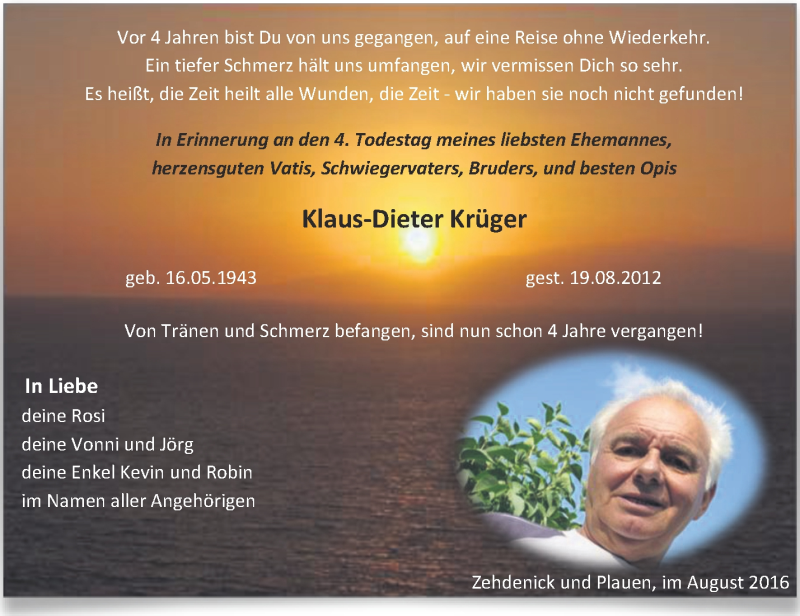  Traueranzeige für Klaus-Dieter Krüger vom 19.08.2016 aus Märkische Oderzeitung