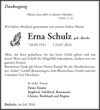 Traueranzeige von Erna Schulz von Märkische Oderzeitung