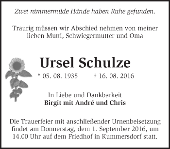 Traueranzeige von Ursel Schulze von Märkische Oderzeitung