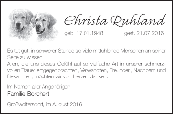 Traueranzeige von Christa Ruhland von Märkische Oderzeitung