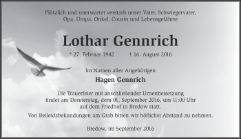 Traueranzeige von Lothar Gennrich von Märkische Oderzeitung